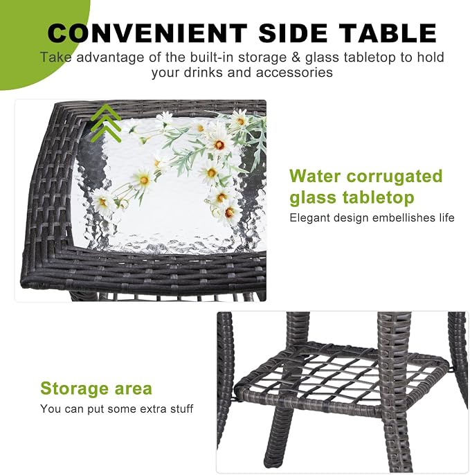 Outvita Rattan Outdoor Side Table with Glass Top & Storage Shelf | Small patio end coffee table, multi-scene furniture for porch, backyard, balcony and indoor living room use