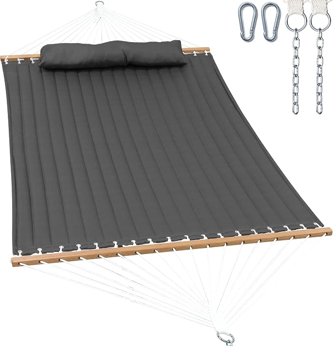GAFETE Hammock 2 Person Quilted Fabric Hammocks for Outside, Double 12ft Hammocks with Spreader Bar, Large Removable Pillow, Storage Bag, Carabiners, Max 475 lbs Capacity (Dark Grey)