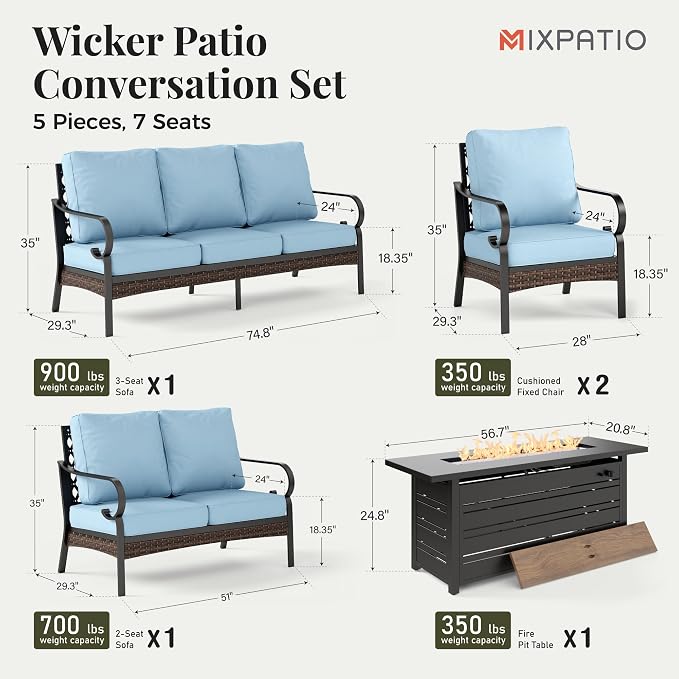 MIXPATIO Patio Furniture Set with Fire Pit Table, 5PCS Metal Outdoor Conversation Set with 2 x Fixed Chairs, 1 x Loveseat, 1 x 3-Seat Sofa and Gas Fire Pit Table for Lawn Garden Backyard, Blue