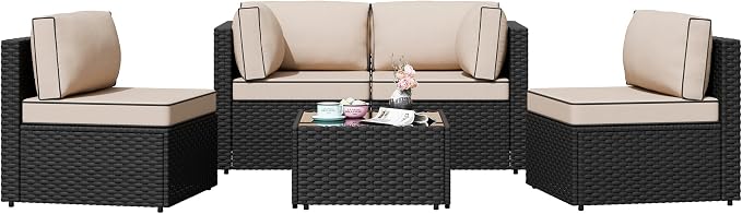 Patio Furniture Sets, 5 Piece Outdoor Sectional Sofas, Wicker Rattan Outdoor Furniture Patio Conversation Set, All-Weather PE Rattan Outdoor Couch for Backyard, Garden, Black & Khaki