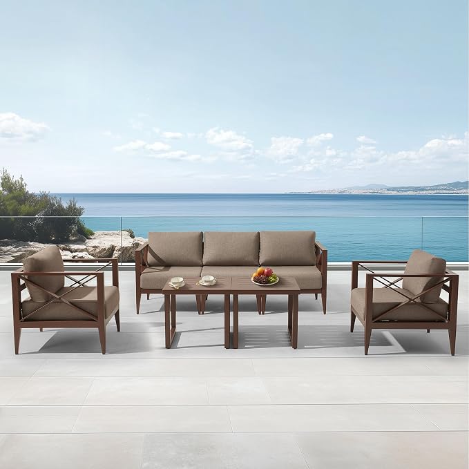 Outdoor Aluminum Patio Furniture Set, 5-Seats Patio Conversation Sofa Set with 2 Coffee Tables, All Weather for Pool, Balcony, Garden(Brown)