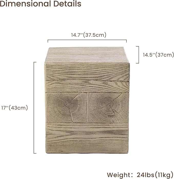HOMPUS Outdoor Side Table Square, Concrete Lightweight MgO End Table, Patio Accent Coffee Table Garden Tool for Patio, Porch and Deck, Light Walnut