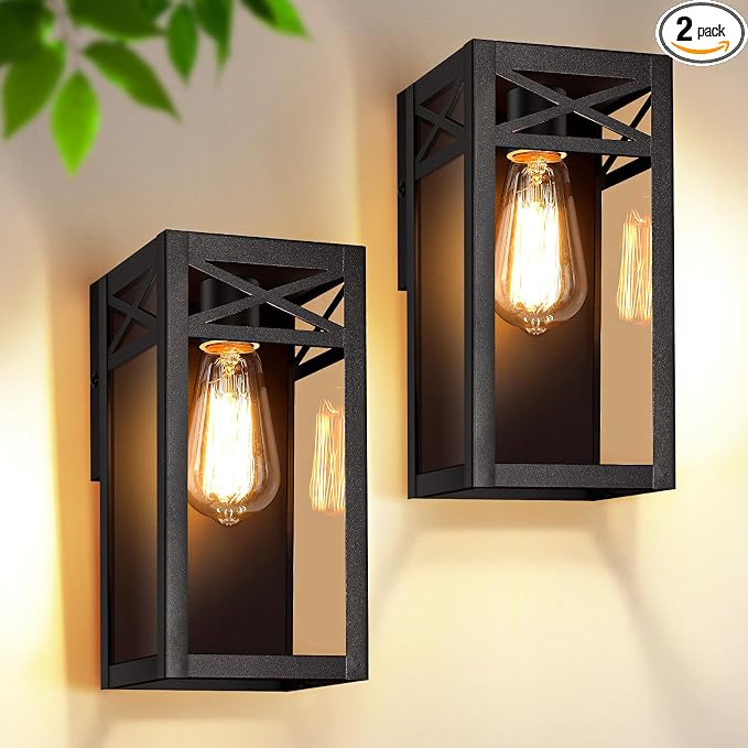 Outdoor Wall Light Fixtures, Black Exterior Waterproof Lanterns, 2-Pack | Porch Light with Glass Shade, Sconces Wall Mount Lighting with E26 Socket, Anti-Rust Wall Lamps for Patio Front Door Entryway