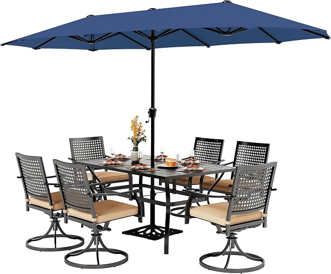 PHI VILLA Outdoor Table Chairs Set for 6, Patio Metal Furniture w/Umbrella | 60" wrought iron rectangle table & swivel chairs w/ cushions. 13ft blue umbrella. 7 pcs furniture set for deck, porch
