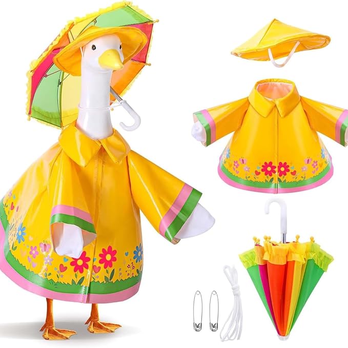 Raincoat Porch Goose Outfits, 3 Pcs Set Spring Summer Lawn Goose Statue Raincoat Clothes, Yard Gooses Costume Raincoats Umbrella Hat Outfit for 23" Statue Patio Garden Decoration
