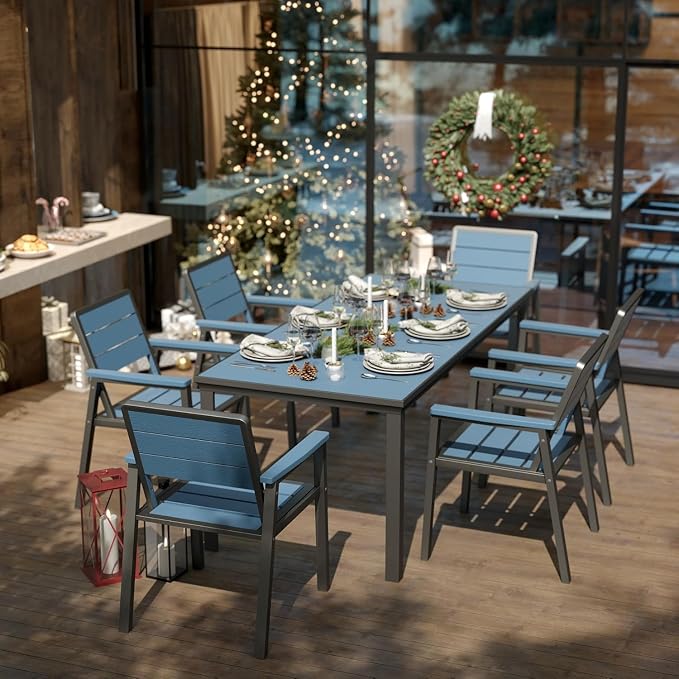 7-Piece Outdoor Dining Set with 15FT Umbrella,Navy | HDPE table, chairs included, aluminum frame, 2" hole design, weather-resistant furniture, perfect for backyard, deck, garden