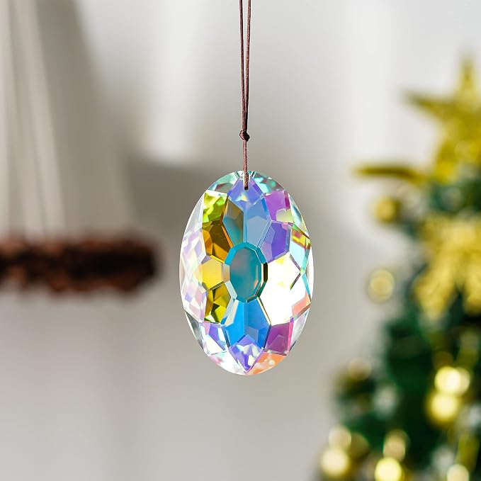 YU FENG 3.5 Inch Oval Crystal Prism Suncatcher, AB Rainbow Maker | AB Coating Faceted Glass Pendant, Colorful Light Catcher, Window Hanging Decor, Rainbow Reflections, Home Garden Ornament