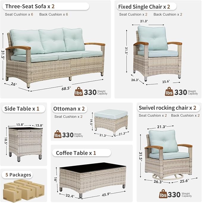 MEISSALIVVE 10 Pieces Outdoor Patio Furniture Sets, Wicker Patio Conversation Sets with 2 Wood Armrests Swivel Glide Chairs,2 Single Chairs, Outdoor Couch and Coffee Table(Blue)