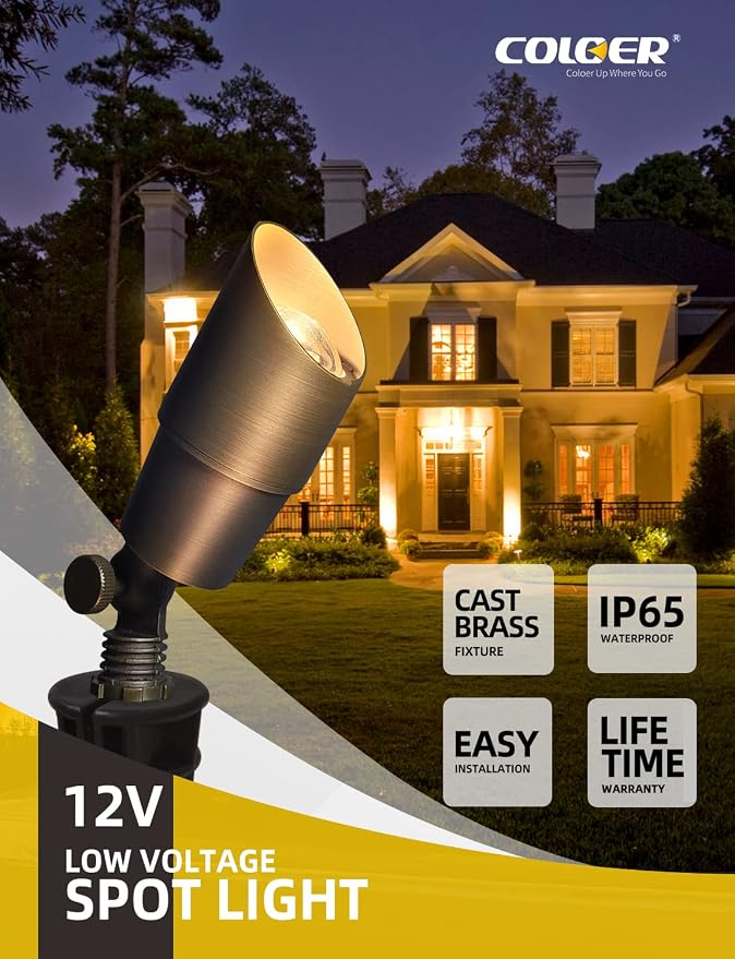 COLOER Die-cast Brass Low Voltage Spotlight,12V AC/DC Outdoor Landscape Lighting, Directional Garden Patio Spot Up Light (Bronze(101B), 4 Pack with Bulb)