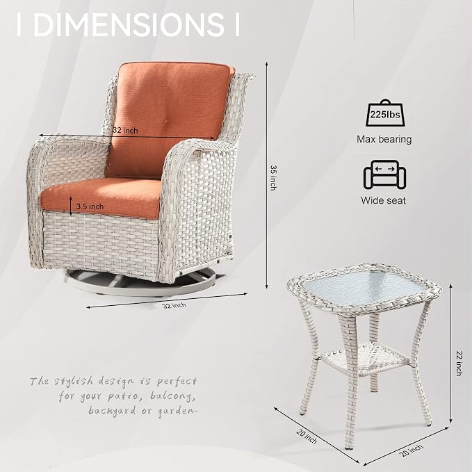 Joyside Outdoor Swivel Rocker Patio Chairs Set of 2 and Matching Side Table - 3 Piece Wicker Patio Bistro Set with Premium & Soft Fabric Cushions(Light Grey/Orange)