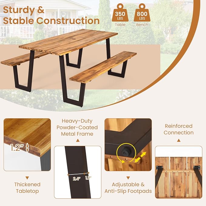 Giantex 71" Picnic Table Bench Set for 6-8, Acacia Wood Outdoor Dining Table Set, 2" Umbrella Hole, Heavy Duty Metal Frame, Footrest Bar, Large Rectangular Tabletop for Porch Patio Lawn Garden