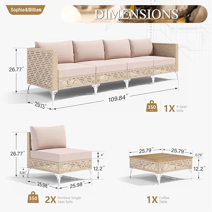 Sophia and William Wicker Patio Furniture Set, 7 Pieces Rattan Outdoor Conversation Sets, L-Shaped Yellow Patio Sectional Sofas Boho Modular Couch Set with Coffee Table for Yard Porch, Beige Cushion