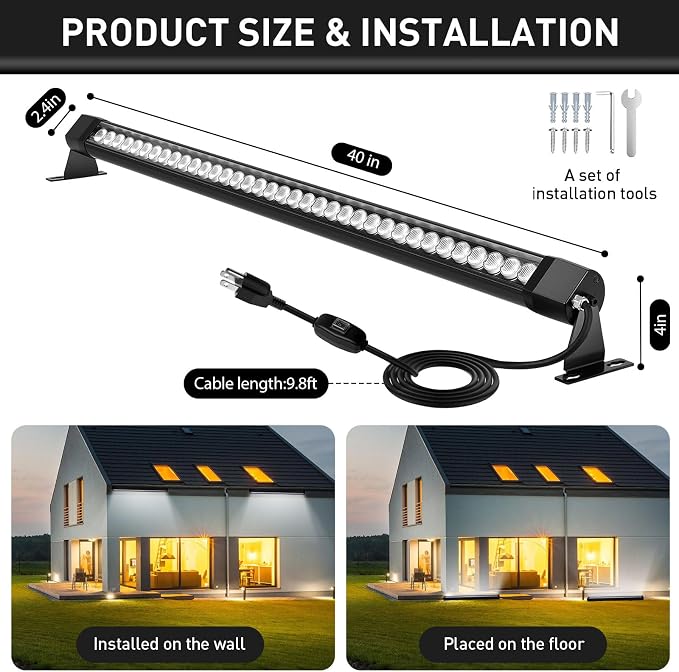 LED Wall Washer Lights Bar 2 Pack,54W 6000K Outdoor Wall Wash Lighting,40 Inch IP67 Waterproof 120V Outdoor LED Light Bar with Switch On/Off for Garden,Backyard,Building,Courtyard Landscape Lighting