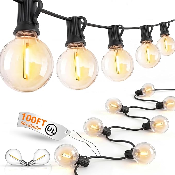 100FT G40 LED Outdoor String Lights, Patio Globe Lights with 52 Shatterproof LED Bulbs, Waterproof Dimmable Hanging Lights, Connectable Black Wire Bistro Lights for Backyard Porch Garden Party Café