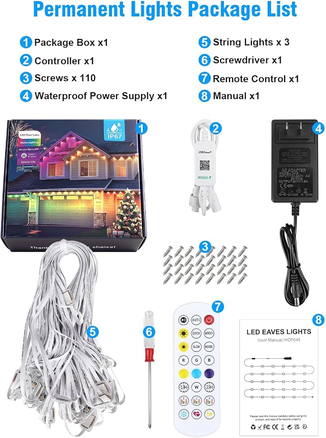 Permanent Outdoor Lights 150FT RGBIC LED Smart LED Light, App/Remote Control IP68 Waterproof for Holiday Decor, 50 Scene Modes, DIY Lights Color Lighting Timing for Christmas Halloween Party