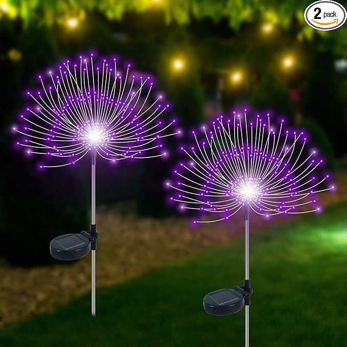 Slyuexu Solar Garden Lights Outdoor Waterproof, 2 Pack 120 LED Solar Firework Lights Decorative Garden Décor Outside for Flowerbed Pathway Party Christmas Decoration, Purple