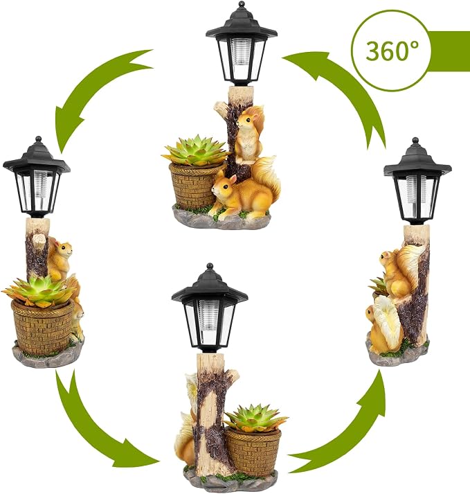 Solar Squirrels Outdoor Statues, Garden Sculpture with Flowerpot & Lantern | Cute Squirrel Figurine for Yard Art Lawn Ornaments Porch Patio Balcony - Birthday Gifts for Women Mom