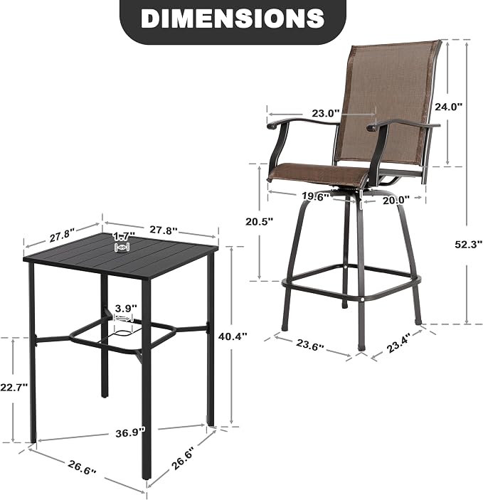 NUU GARDEN 5 Piece Outdoor Swivel Bar Set, All Weather Patio High Bar Stool Bistro Set with Textilene Height Back Bar Chairs and Slatted Metal Bar Table with Umbrella Hole, Black and Brown