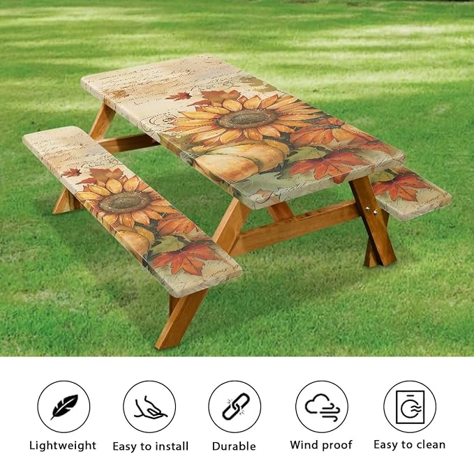Sunflower 3 Pcs Picnic Table Cover with Bench Covers 3 Piece Set 30 x 94 Inch Picnic Foldable Picnic Table and Bench Fitted Tablecloth Cover for Outdoor BBQ Holiday Party Camping