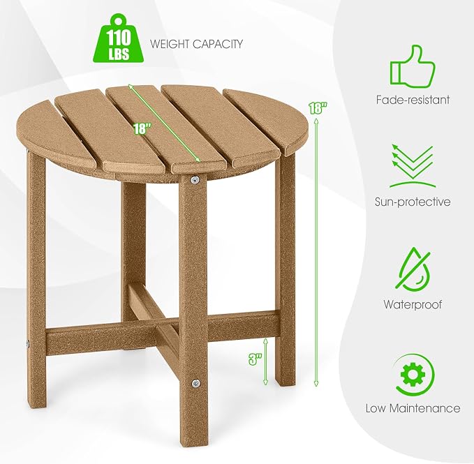 Tangkula Round Outdoor Side Table, 18 Inch Weather Resistant HDPE Adirondack Table, Outdoor Indoor Chairside End Tables, Patio Side Table for Lawn Garden Balcony Backyard, Easy Assembly (1, Brown)