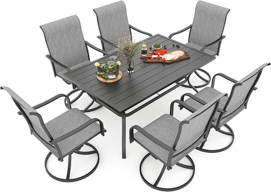Anmutig 7-Piece Outdoor Dining Set, 6 Swivel Patio Chairs &60'' Rectangular Dining Table with All Weather Frame Furniture Set - Grey Style2