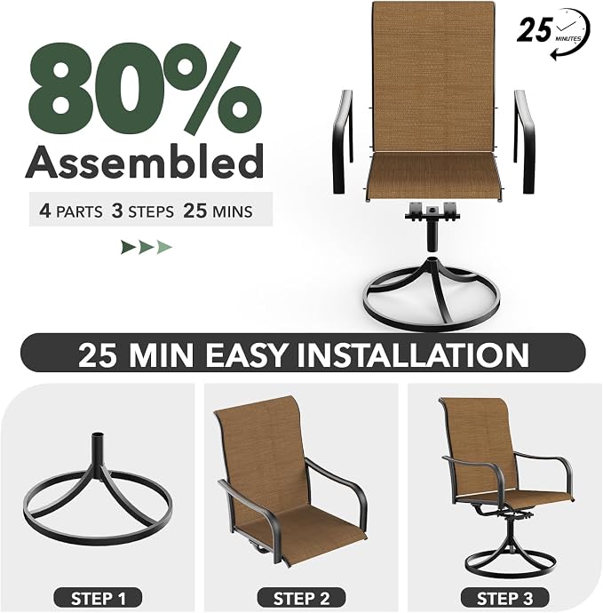 7 Piece Outdoor Dining Set Swivel Chair and 63" Rectangle Table Brown Sty2 | 6 Piece Swivel Chairs: High Back, Curved Armrest, Textilene Fabric, Rocking; 63"x38"x28" Metal Rectangle Table, All Weather