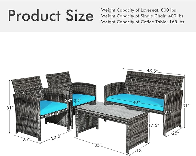 Outdoor Conversation Set, 4 Pieces Wicker Patio Furniture Set with Ergonomic Curved Design, Patio Chair Set with Water-resistant Cushion & Tempered Glass Table for Porch,Balcony(Turquoise)