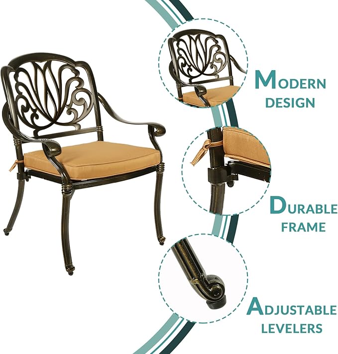 MEETWARM 3 Piece Patio Bistro Set, Outdoor All-Weather Cast Aluminum Dining Furniture Set Includes 2 Cushioned Chairs and a 31” Round Table with Umbrella Hole for Garden Deck