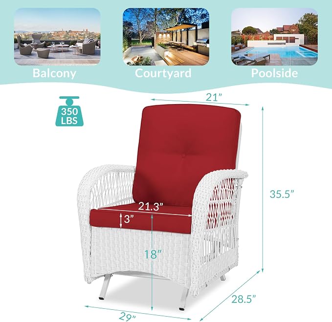 MEETWARM Patio Wicker Rocking Glider Set, All-Weather Outdoor Rattan Patio Rocking Chairs of 2, Patio Conversation Set with Thickened Cushions for Porch Garden & Backyard, White Wicker/Red
