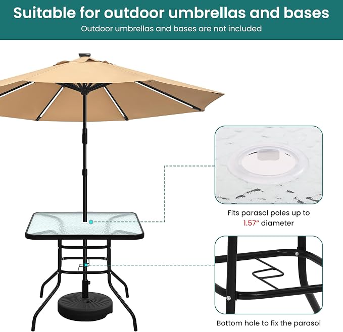 32'' Patio Bistro Table Square Outdoor Coffee Table, Square Tempered Glass Top with Umbrella Hole, Outdoor Dining Table for Balcony Backyard Lawn and Garden, Black