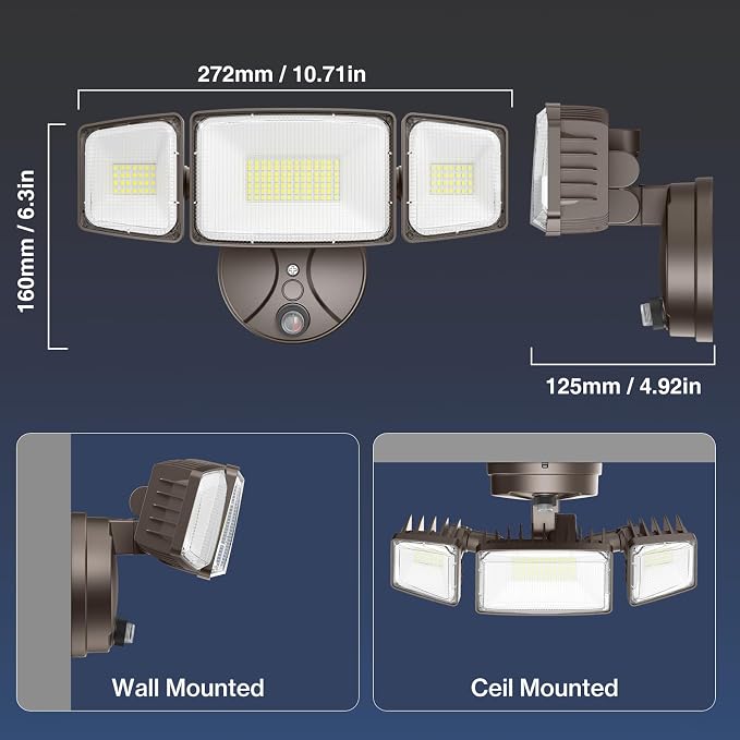 Onforu 100w Dusk to Dawn Outdoor Lighting,11000LM Led Outdoor Light from Dusk Till Dawn,Super Bright Flood Light,IP66 Waterproof Exterior Security Brown Light Fixture,3 Heads Photocell for Garage,Yard