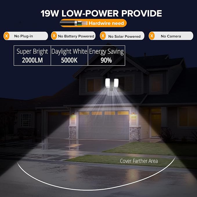 UME 19W LED Flood Light Motion Sensor Outdoor, 2 Adjustable Head, 2000LM, 5000K, IP65 Waterproof, Dusk to Dawn Security Light with Photocell for Exterior,Outside,Garage,House(Black)