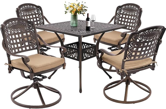 Grepatio 5 Piece Cast Aluminum Patio Dining Set, Outdoor Furniture Set with 4 Swivel Rocker Ding Chairs, 4 Cushions and 35.4" Square Table with 2" Umbrella Hole, Antique Bronze (Grid)