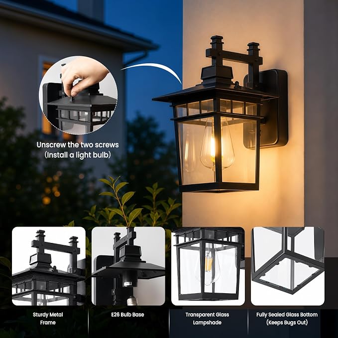 13'' Black Outdoor Wall Light Fixture, Waterproof Wall Sconce Outdoor Light Fixtures Wall Mount with Clear Glass Lampshade Outdoor Wall Mounted Porch Lights for House, Garage, Patio