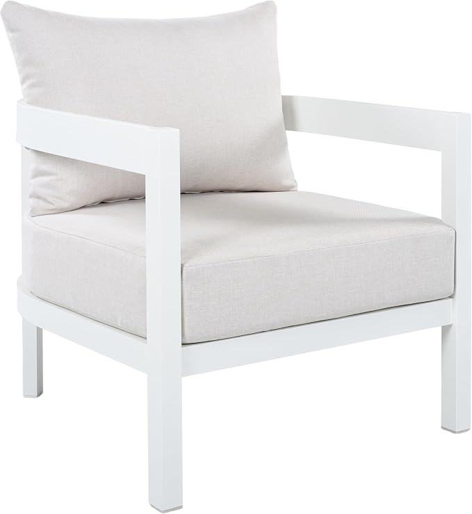 Merax 27.6" Outdoor Curved Patio Accent Chair with All-Weather Coushions, Aluminum Frame Single Lounge for Chair Porch, Lawn, Backyard, Balcony White