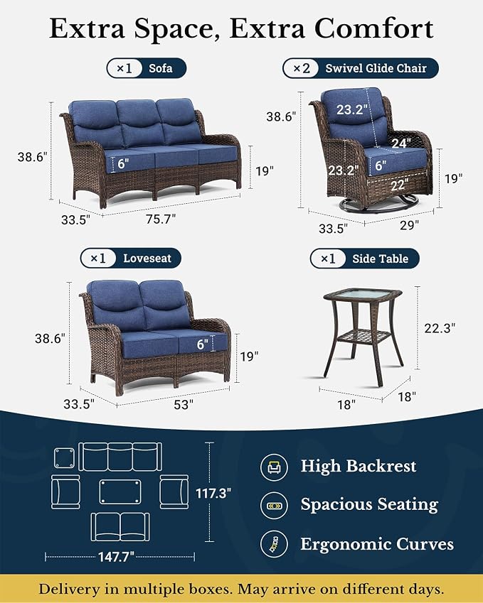 HILLGA Luxury Outdoor Patio Furniture Set with 6-Inch Thick Cushions, High Back Wicker Swivel Rocker Chairs, 6 Pcs All Weather Conversation Set for Large Deck, Yard and Poolside, Blue (V3)