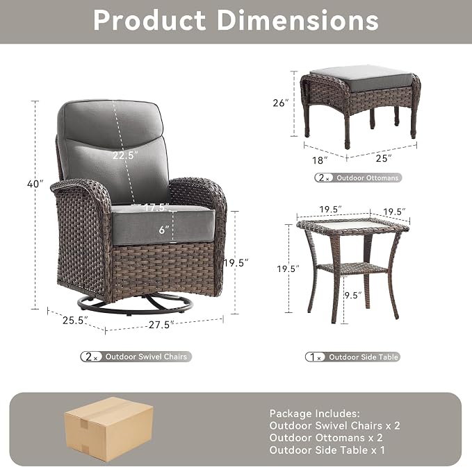5 Pieces Luxury Patio Furniture Sets with 6-Inch Thick Cushions, High Back Swivel Outdoor Rocking Chairs Set of 2 with Multifunctional Ottoman, Wicker Conversation Set for Porch Garden, Gray