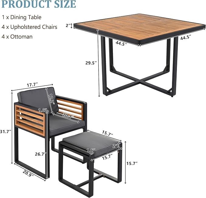 18-Piece Outdoor Patio Acacia Wood Dining Table Set, 2 Square Table with 8 Cushioned Chairs& 8 Stools, All-Weather Resistant Conversation Set with Metal Frame, Space-Saving Design for 8 (Gray-18P)