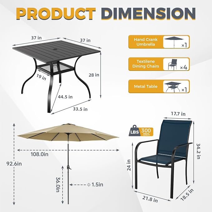 Crownland 5 Piece Patio Dining Set, Outdoor Textilene Dining Sets, 4 Textilene Metal Chairs and Square Outdoor Dining Table with Sky Blue 9FT Round Outdoor Umbrella, Blue