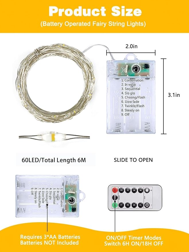 8 Pack 60 LED Fairy Lights Battery Operated with Remote, 20 FT Warm White | Cuttable, 8 Modes, Memory, Dimmable, Waterproof Battery String Lights with Timer for Indoor Outdoor, Christmas Decorations