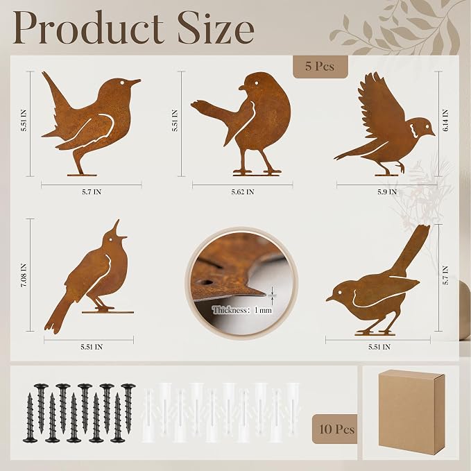 RELBRO Rusty Birds Silhouettes Outdoor Decoration, Metal Fence Art, 5 Pcs | 5 Lifelike Bird Silhouettes, Rustic Finish, Vintage Garden Yard Decor for Fence Gate Window Tree Topper
