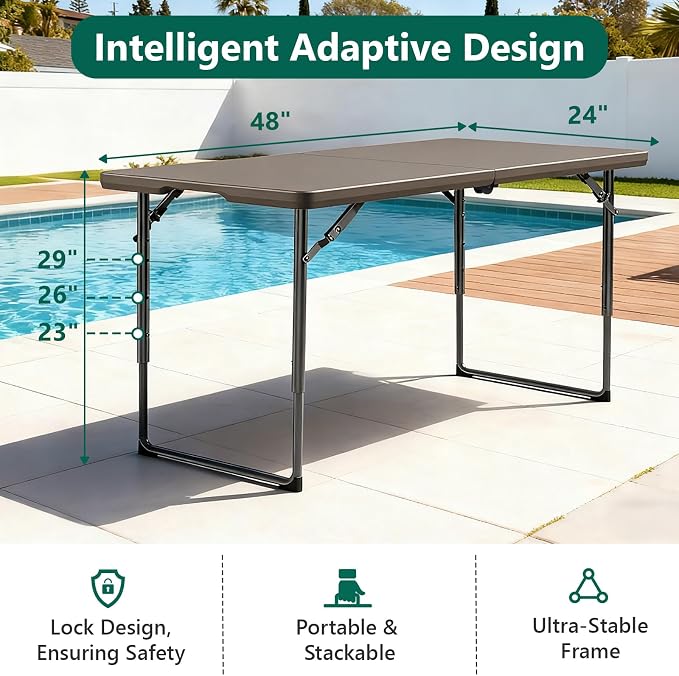 2 Pack Folding Table, 4FT Foldable Picnic Table with Adjustable Height, Heavy Duty Fold-in-Half Portable Table for Weddings, Camping, RV Travel, Parties, BBQs, Easy to Fold and Store, Khaki