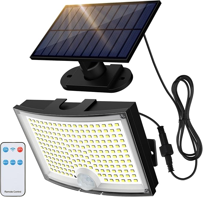 Solar Outdoor Lights 1Pack, 202 LED Flood Lights with 16.4 ft Cable | Remote Control Solar Motion Sensor Lights with 3 Modes, Solar Powered Security Lights for Outside Patio, Yard, Garage, Garden