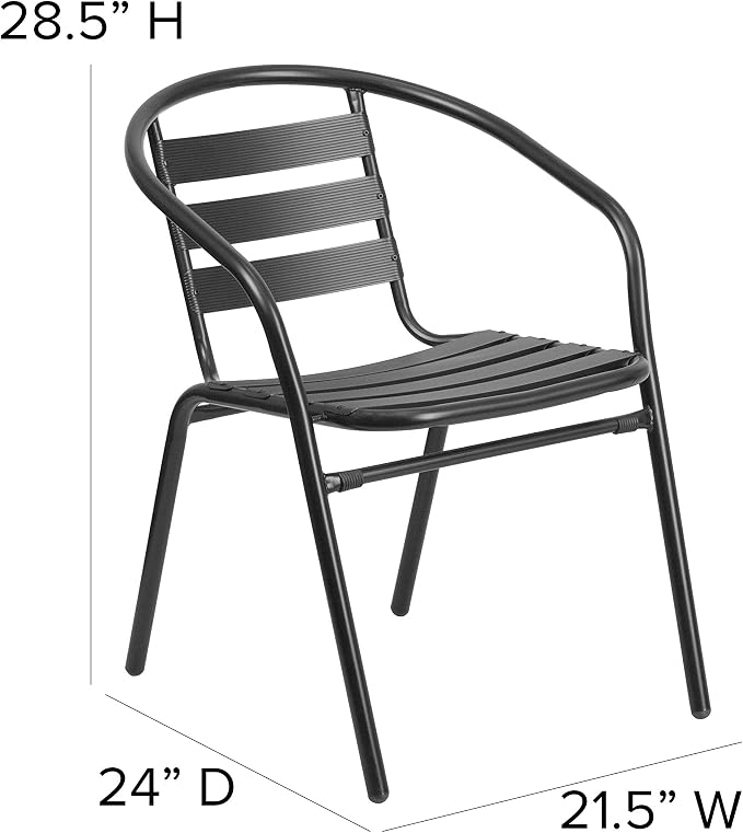 BizChair 5 Piece Outdoor Patio Dining Set - 4 Black Metal Aluminum Slat Stack Chairs - 55" Tempered Glass Patio Table with Umbrella Hole