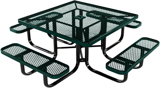 COATEDOUTDOORFURNITURE Heavy-Duty Portable Outdoor Kids Table with Umbrella Hole, Expanded Metal Kids Picnic Table, Commercial-Grade, Made in America (46 in, Square, Childrens, Dark Green)