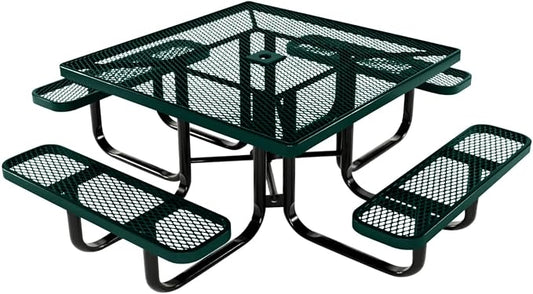 COATEDOUTDOORFURNITURE Heavy-Duty Portable Outdoor Kids Table with Umbrella Hole, Expanded Metal Kids Picnic Table, Commercial-Grade, Made in America (46 in, Square, Childrens, Dark Green)