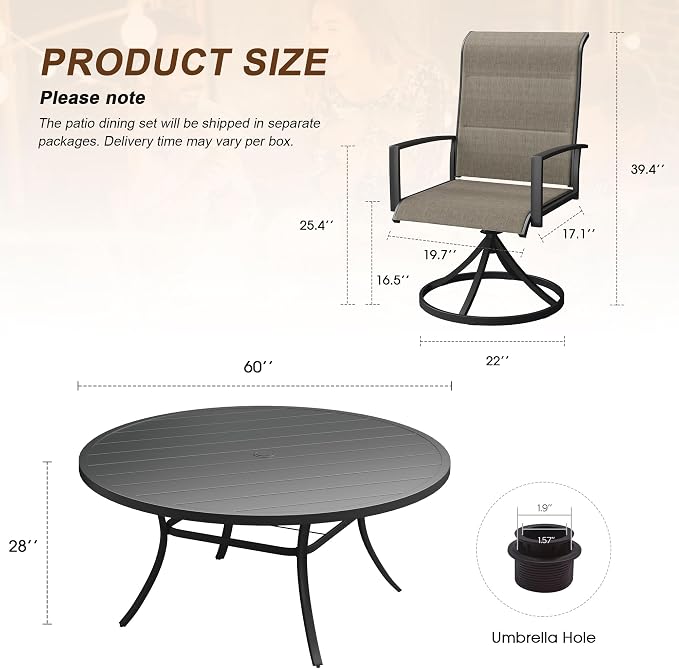 VICLLAX 9 Pieces Outdoor Dining Set, Patio Furniture Set Includes 60" Round Metal Table W/ 1.9" Umbrella Hole and 8 Padded Textilene Swivel Chairs for Porch, Lawn, Garden, Backyard