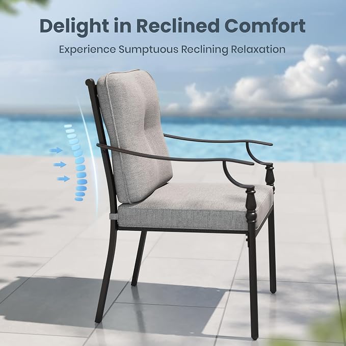 PHI VILLA 9 Pieces Outdoor Dining Set for 8, Rectangular Black Long Wrought Iron Table with Umbrella Hole & Fixed, Swivel Metal Chairs, Large Modern Furniture Set with Cushions for Patio, Deck, Porch