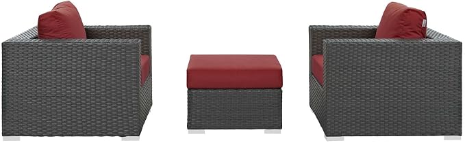 Modway Sojourn Wicker Rattan 3 Piece Outdoor Patio Sunbrella Sectional Set in Canvas Red