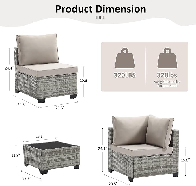 ANJ 5 Piece Outdoor Wicker Patio Furniture Set, Modular Loveseat Sofa with with Glass Top Coffee Table, All-Weather Rattan Conversation Couch Set for Balcony, Backyard, Light Grey Wicker-Grey